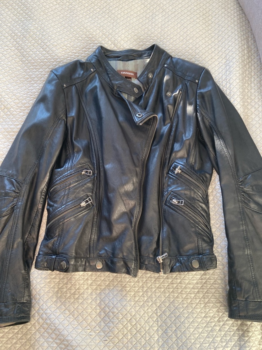 Danier Black Leather Moto Jacket with Zip Pocket Details